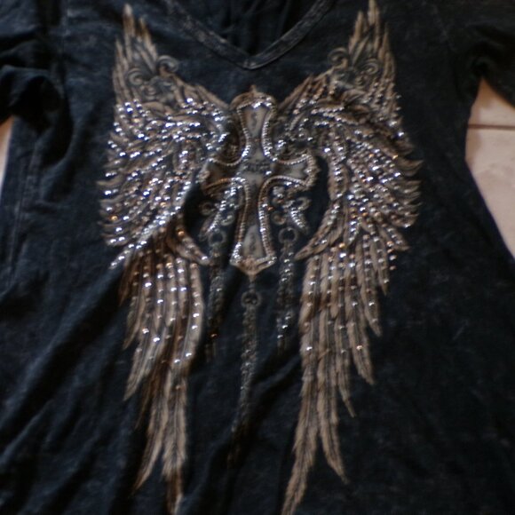 Vocal Shirt Womens Medium Crystal Studded Black Gray Y2K Wings Grunge Rhinestone - Picture 2 of 10